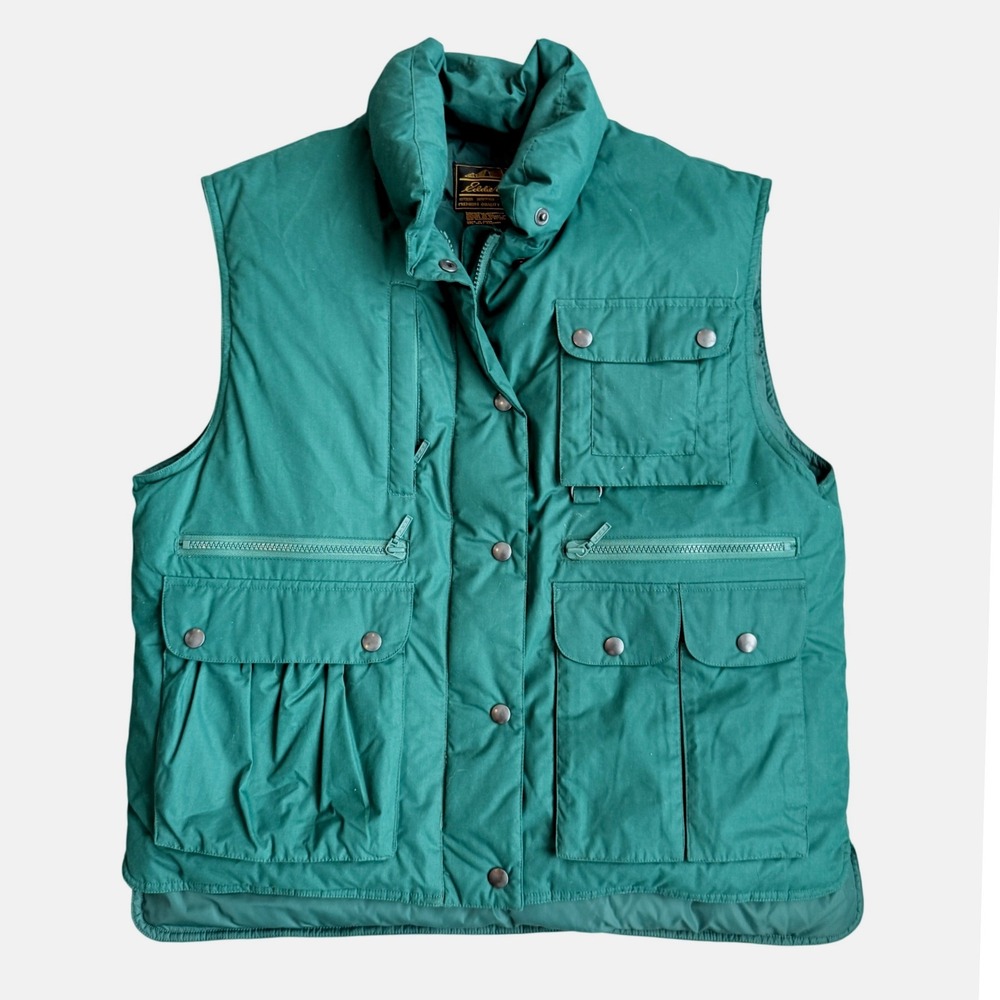 Vintage Eddie Bauer Women's Small Goose‎ Down Utility Vest Green Puffer Pockets